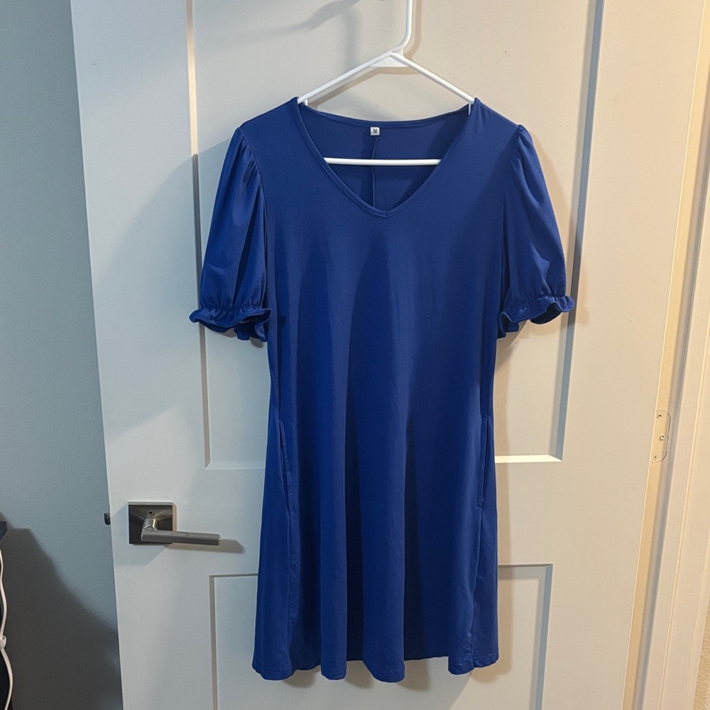 Blue V-Neck Dress with Puff Sleeves